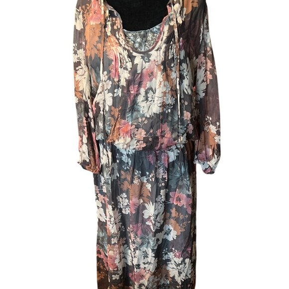 Sundance Silk Floral Maxi Dress with slip Romantic Boho Chic Long Sleeve Peasant - Picture 3 of 7